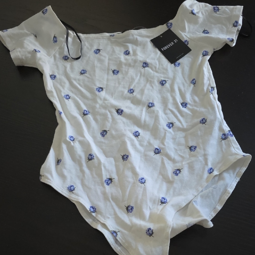 Forever 21 White Bodysuit with Blue Floral Design